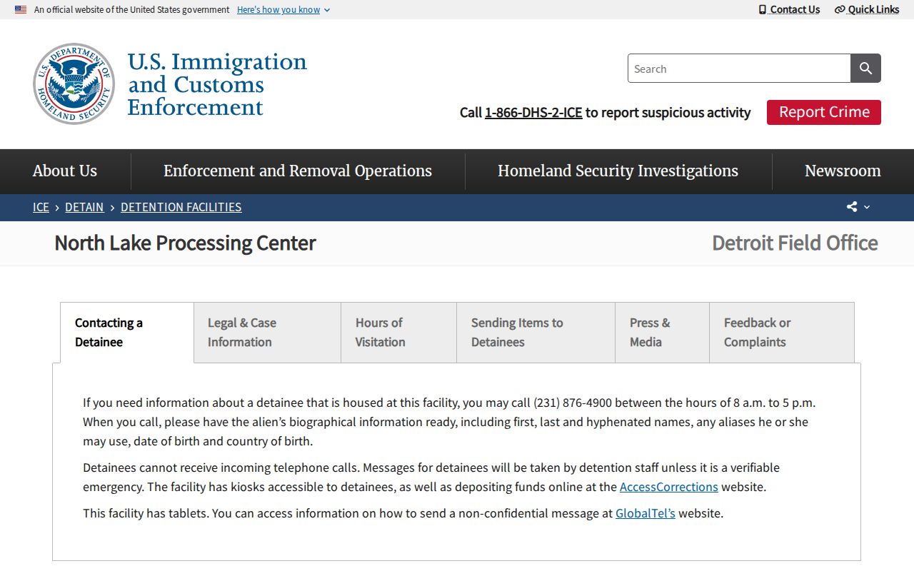 North Lake Processing Center ICE detainee release facility page