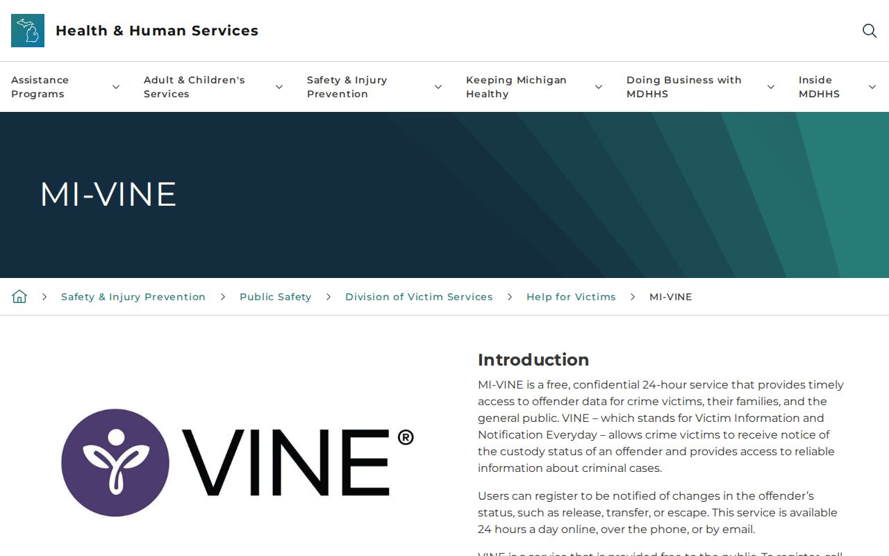 Michigan MI-VINE service information for Lake County release alerts